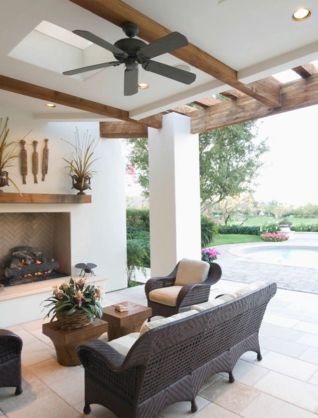 A patio with furniture and a fireplace in it